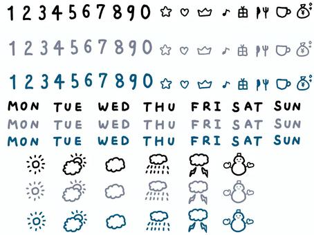 シンプルなカレンダー素材 カレンダー,日付,数字,曜日,天気,シンプル,黒,青,グレー,アイコンのイラスト素材