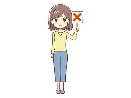 黄色い服を着た女性がバツサインを出す バツ,サイン,不正解,女性,不合格,黄色,私服,答え,回答,はずれのイラスト素材
