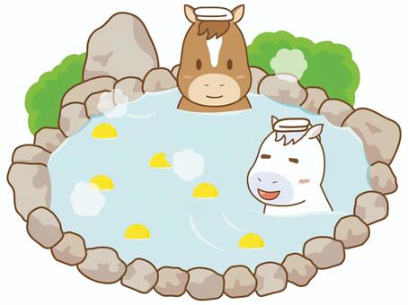 ゆず湯に入るウマ 温泉,馬,午,ゆず湯,ゆず,柚子,馬年,午年,キャラクター,干支のイラスト素材