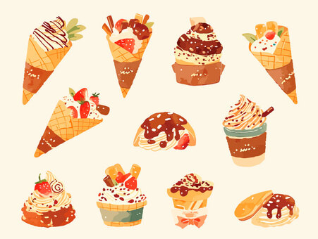 クレープのイラストセット クレープ,クリーム,チョコ,トッピング,アイス,アイスクリーム,バニラ,ストロベリー,コーン,いちごのイラスト素材