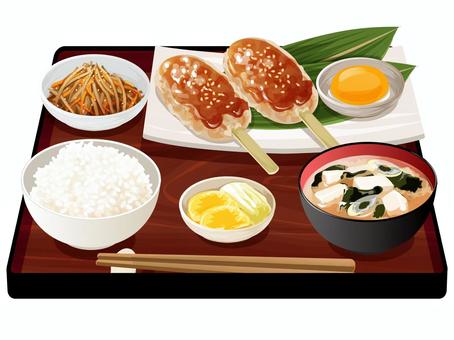 鶏つくね定食 鶏つくね定食 鶏つくね定食,定食,料理,食べ物,串,卵,きんぴらごぼう,にんじん,ゴマ,ご飯のイラスト素材