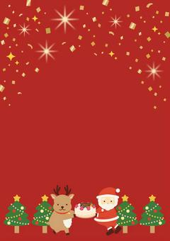 ケーキを持つサンタとトナカイ縦背景_赤 クリスマス,サンタクロース,背景,フレーム,縦,冬,トナカイ,ツリー,12月,ケーキのイラスト素材