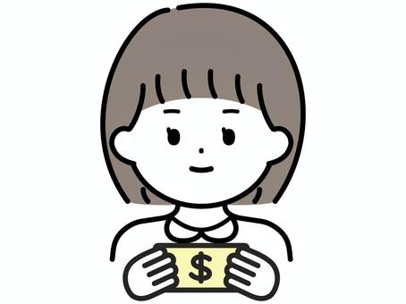 ドル札を持つ女の子のイラスト 女の子,お金,ドル,貯金,経済,海外,イラスト,シンプルのイラスト素材