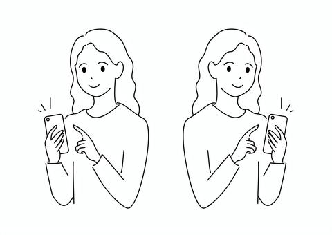 スマホを操作している女性の線画イラスト 線画,ラインアート,スマホ,女性,タップ,オンライン,携帯,電話,イラストセット,白黒のイラスト素材