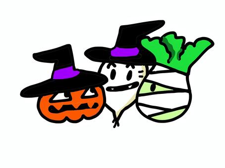 ハロウィンの野菜たち ハロウィン,10月,お祭り,野菜,かぼちゃ,大根,白菜,食べ物,仲良し,笑顔のイラスト素材