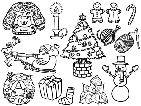 クリスマスモチーフセット　線画 クリスマス,セーター,アグリー・クリスマス・セーター,くま,蝋燭,キャンドル,クッキー,ジンジャーブレッドマン,杖型キャンディ,キャンディケインのイラスト素材
