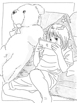 ソファーでスマホを見る娘　白黒 ソファー,娘,子供,スマホ,ぬいぐるみ,生活のイラスト素材