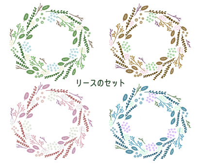リースのセット リース,4種,植物,実,ドライフラワー,グリーン,葉っぱ,フレーム,背景,壁紙のイラスト素材