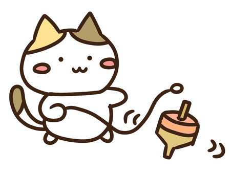 お正月にこま回しで遊ぶかわいい三毛猫 こま回し,お正月,新年,年始,伝統,遊び,遊ぶ,ねこ,昔,こまのイラスト素材