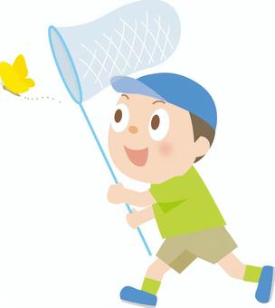 昆虫採集ちょうちょ 昆虫採集,虫捕り,蝶,夏,野外,虫捕り網,男の子,自然,子供,小学生のイラスト素材