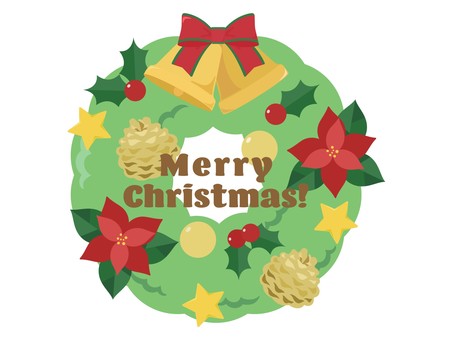 クリスマスリース　文字入り　ゴールド クリスマス,リース,文字入り,merrychristmas,メリークリスマス,英語,文字,飾り,モチーフ,ベルのイラスト素材