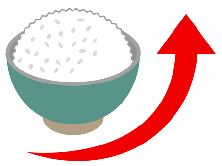 米価格上昇を表したご飯と上矢印 米,値上げ,白米,ご飯,上昇,価格,高騰,茶碗,よそう,山盛りのイラスト素材
