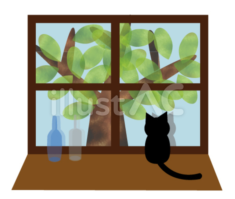 窓と猫 眺める,窓枠,まどのイラスト素材