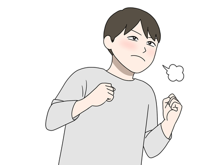 拳を握りしめて気合いを入れる男性 男性,灰色,長袖,鼻息,やる気,ファイトのイラスト素材