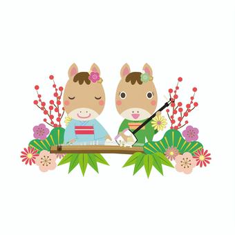 箏と三味線を弾く午年の馬 年賀状,午,2026年,三味線,箏曲,馬,箏,和楽器,三弦,お箏のイラスト素材