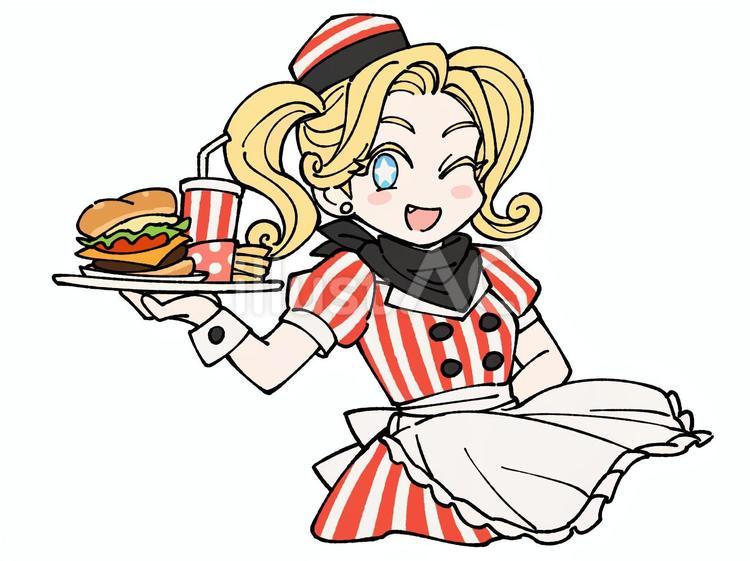アメリカのウェイトレスさん 人間,上半身,料理のイラスト素材