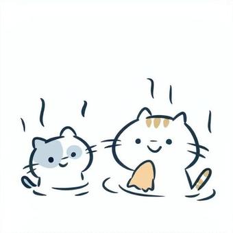 温泉/03 ねこ,動物,温泉,お風呂,癒し,リラックス,手描き,親子,仲良しのイラスト素材