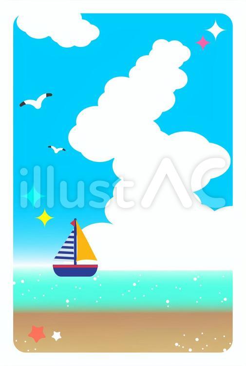 暑中見舞いはがき_夏の海とボート 暑中見舞い,青空,海のイラスト素材