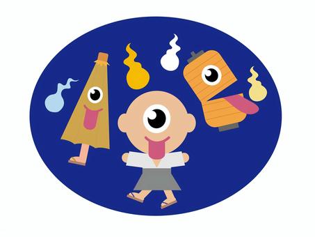 日本の妖怪　夜背景付 妖怪,魔物,昔話,和風,肝試し,一つ目小僧,幽霊,お化け,人魂,シンプルのイラスト素材