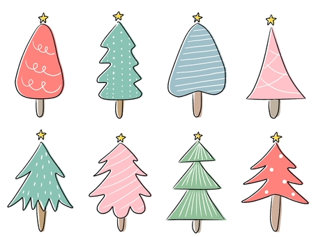 手描きクリスマスツリー 冬,雪,雪景色,ツリー,森,木,植物,自然,北欧,星のイラスト素材