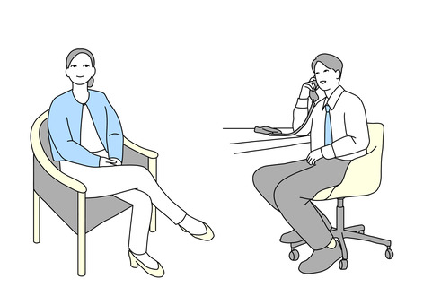 椅子に座る男女 椅子,座る,電話,男性,女性,ビジネスフォン,電話対応,着席,会議,商談のイラスト素材