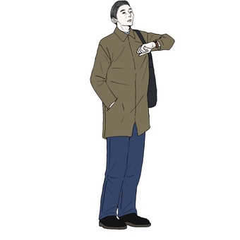 腕時計で時間確認の中高齢男性　漫画風 腕時計,男性,中高年,全身,会社員,通勤,アイコンのイラスト素材