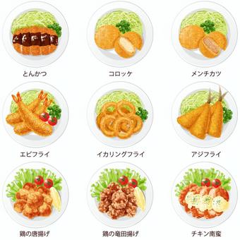 揚げ物セット3 揚げ物,セット,料理,食べ物,洋食,とんかつ,コロッケ,メンチカツ,エビフライ,アジフライのイラスト素材