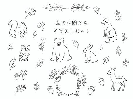 森の仲間たち　イラストセット　モノクロ 手描き,手書き,森,草,木の実,くま,うさぎ,リス,キツネ,鹿のイラスト素材