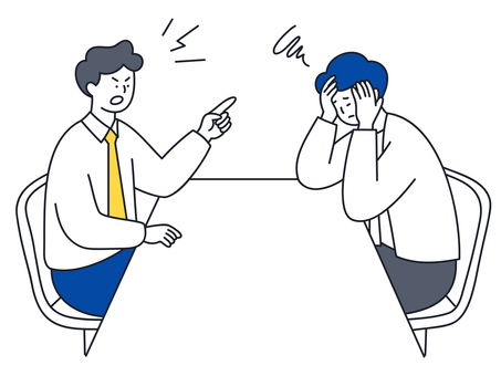 激しく叱責する男性と落ち込む男性 人物,男性,ビジネス,叱責,注意,指導,パワハラ,メンタル,ハラスメント,トラブルのイラスト素材