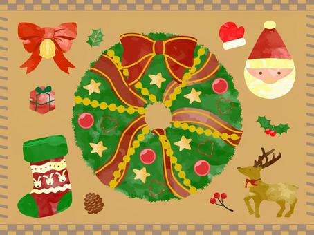 クリスマスイラストセット手書き水彩画13 クリスマス,サンタクロース,水彩画,手描き,枠,フレーム,セット,飾り枠,花,プレゼントのイラスト素材
