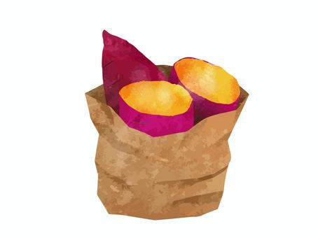 やきいも03 やきいも03 焼き芋,紙袋,ほかほか,さつまいも,かわいい,湯気,水彩,手描き,手書き,素材のイラスト素材