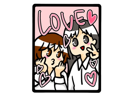 プリクラでツーショット プリクラ,写真,セルフィー,自撮り,記念,撮影,かわいい,盛れる,デコレーション,ステッカーのイラスト素材