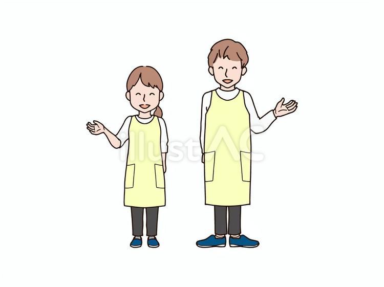 片手を上げる男女2_エプロンy 大人,男性,女性のイラスト素材
