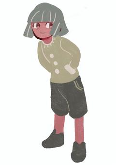 男の子の立ち絵 男の子,全身,立ち絵,デフォルメ,笑顔,前屈み,ポケット,ニット,ズボン,可愛いのイラスト素材