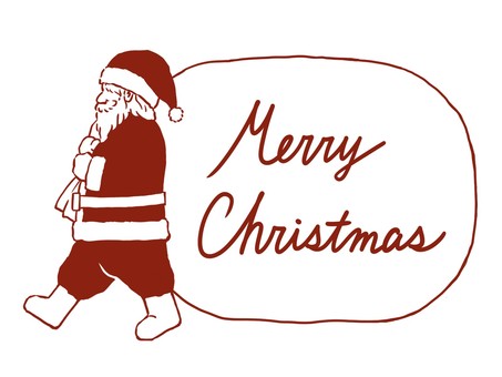 サンタクロースとメリークリスマス文字 サンタクロース,クリスマス,線画,手描き,メリークリスマス,文字,英語,モノクロ,シンプル,歩くのイラスト素材