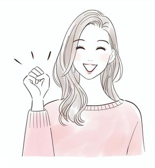 ガッツポーズをして喜ぶ女性 女性,人物,きれい,笑顔,ガッツポーズ,かわいい,応援,オシャレ,美容,笑うのイラスト素材