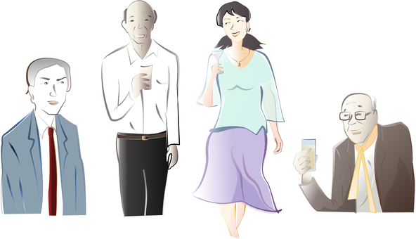 人物カット複数、立ち姿、成人男女 人物画,人物カット,立ち姿,成人,同窓会,２次会,懇親会,親睦会,懇談会,食事会のイラスト素材