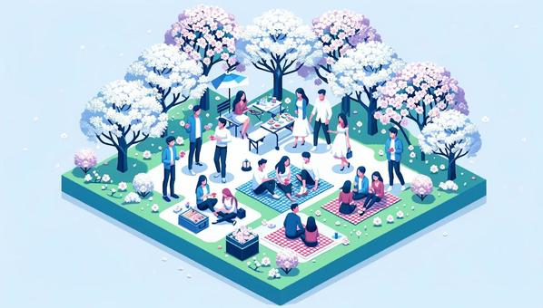 Friends having lunch with bento while viewing cherry blossoms, , JPG