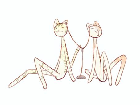 イヤホン半分こ猫 猫,可愛い,イヤホン,有線,音楽プレーヤー,半分こ,片方,水彩風のイラスト素材
