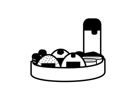 お弁当と水筒(モノクロ)_秋アイコン お弁当,弁当,遠足,ランチ,ピクニック,手作り,お弁当箱,おにぎり,卵焼き,ウインナーのイラスト素材