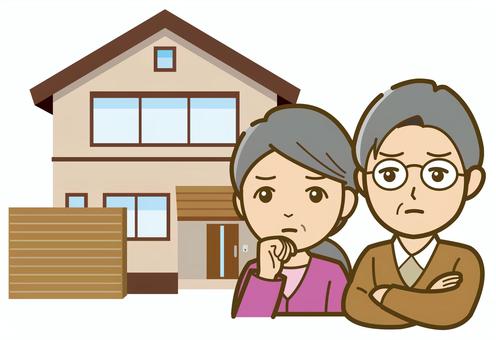 家の前で悩むシニア夫婦 シニア,夫婦,家,アイコン,イラスト,マイホーム,住宅,家庭,空き家,売り家のイラスト素材