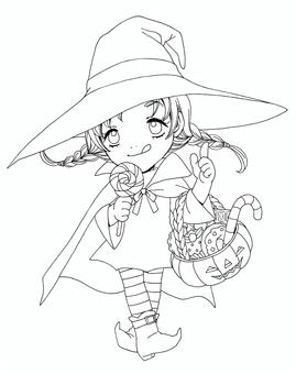 ハロウィン魔女の仮装の女の子線画 ハロウィン魔女の仮装の女の子線画 ハロウィン,人物,女の子,子供,魔女,仮装,キャラクター,かわいい,線画,ぬりえのイラスト素材