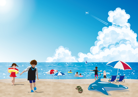 こどもたちと青空の海水浴場 海水浴,夏,海,青空,子供,少年,少女,夏休み,こども,男の子のイラスト素材