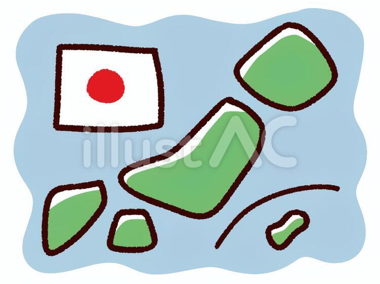 手描きのデフォルメの日本と国旗、海 日本,日本地図,かわいいのイラスト素材