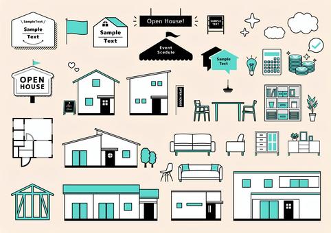 水色の家のアイコンイラストセット 家,ホーム,ハウス,アイコン,住宅,建築,不動産,物件,新築,リフォームのイラスト素材