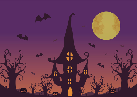 ハロウィン背景 ハロウィン,満月,夜空,コウモリ,かぼちゃ,シルエット,秋,背景,ファンタジー,城のイラスト素材