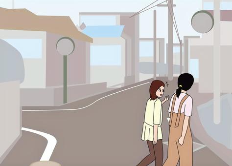 女性歩行者 女性歩行者 若い,女性,2人,歩行者,歩く,友達,会話,おしゃべり,町中,住宅地のイラスト素材