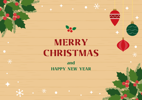 クリスマスオーナメントと柊と木目背景 クリスマス,フレーム,背景,クリスマスオーナメント,柊,木目,テクスチャ,木目調,北欧,手描きのイラスト素材