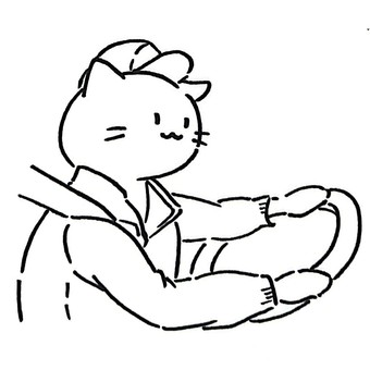 ねこトラック運転手(線画) 運転手,トラック,大型車,引越し,運送,配達,ハンドル,職業,仕事,ねこのイラスト素材