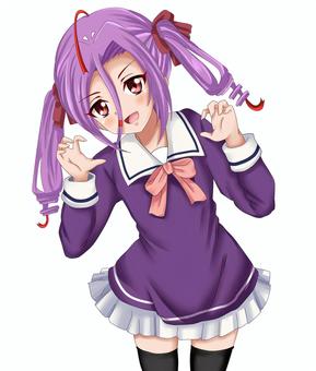 がおーのポーズをする女の子 女の子,オリキャラ,ツインテール,紫髪,萌えのイラスト素材